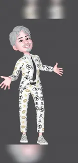 3D cartoon character in patterned attire on a gray background.