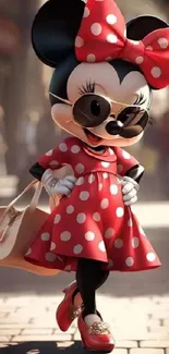 Cartoon character in red dress with polka dots, sunglasses, and big bow