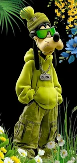 Cartoon character with floral background and stylish outfit.