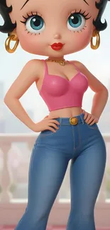 Stylish cartoon character in a pink top and blue jeans against a bright background.