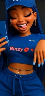 Vibrant cartoon character in blue attire holding a phone.