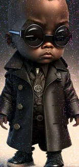 Cartoon character in black coat with sunglasses, stylish mobile wallpaper.