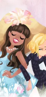 Stylish cartoon friends in pastel dresses, showcasing vibrant fashion.