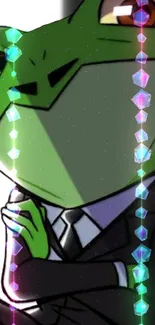 Cartoon frog in a suit with colorful gems.