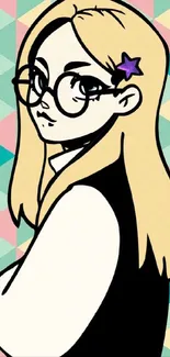 Stylish cartoon girl with glasses on a colorful geometric background.