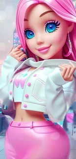 Pink-haired cartoon girl in stylish outfit, vibrant wallpaper.