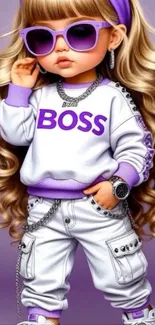 Stylish cartoon girl in trendy purple outfit with sunglasses and accessories.