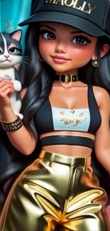 Cartoon girl with cat and stylish outfit wallpaper