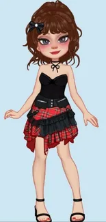 Cute cartoon girl in stylish outfit with red plaid skirt.