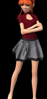 Stylish red-haired cartoon girl with a checkered skirt on black background.