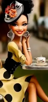 Cartoon lady in stylish hat and dress at cafe.