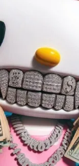 Cartoon character with diamond grill holding cash in luxurious style.