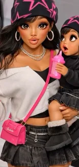 Trendy cartoon mother holding baby with matching outfits and accessories.