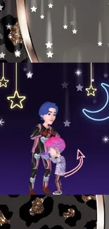 Colorful cartoon night wallpaper with stars and moon.