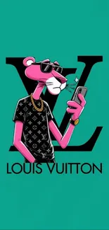 Cartoon panther with luxury logo on teal background.