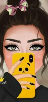 Chic cartoon girl with a yellow phone case in stylish wallpaper.