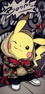 Cartoon Pikachu in streetwear with graffiti background.