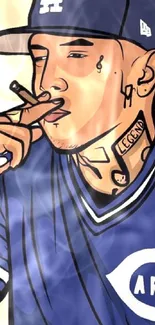 Vibrant cartoon character with tattoos and blue shirt in modern style.