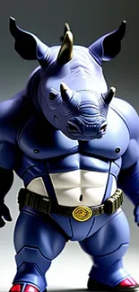 Stylized cartoon rhino in a heroic pose with a vibrant blue color scheme.