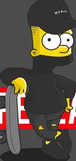 Cartoon skater in black outfit with skateboard on red background.