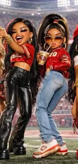 Colorful cartoon characters in sports attire at a stadium with vibrant detail.