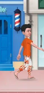 Cartoon character walking by a barbershop with a colorful design.