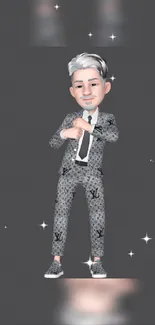 Cartoon character in stylish suit with sparkling dark gray background.