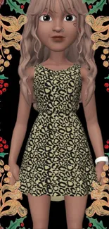 Cartoon character in leopard dress on festive background.