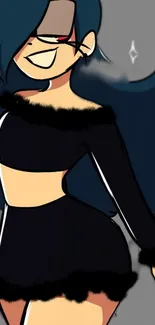 Stylish cartoon woman with dark hair, in trendy attire.