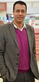 Man in magenta sweater and grey blazer standing confidently in a chic environment.