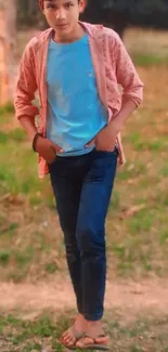 Young boy in casual attire standing outdoors with nature background.