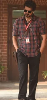 Man in plaid shirt and sunglasses casually walking outdoors.