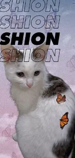 Stylish white cat with butterflies on a fashion-themed background.