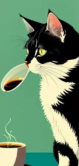 Minimalist cat with coffee cup art on green background.