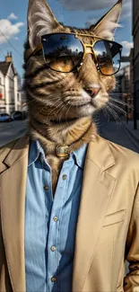 Anthropomorphic cat in sunglasses and suit in a city setting.