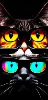 A stylish cat with glasses in vibrant colors on a black background.