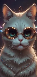 White cat with glowing glasses and pearls in a fantasy style.