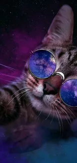 Cat wearing galaxy-themed glasses with a purple cosmic background.