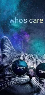 Cat with sunglasses in a galaxy-themed wallpaper.