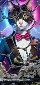 A colorful wallpaper featuring a cat in a suit behind a wire grid.