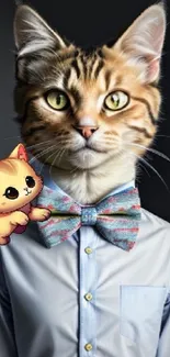 Cat in a bowtie with cartoon character on shirt.