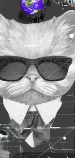 Gray cat wearing sunglasses in an abstract wallpaper design.