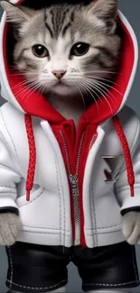 Adorable cat in a stylish hoodie with red accents, perfect phone wallpaper.