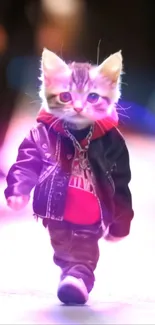 Fashionable cat in a leather jacket walking confidently on a bright street.