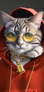 Cat in red hoodie with glasses and chain.