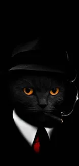 Elegant cat in suit and hat with a mysterious vibe.