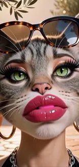 A fashionable cat wearing sunglasses and hoop earrings in a sunny setting.