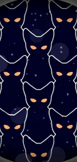 Navy silhouettes of cats with orange eyes on a mobile wallpaper.