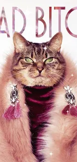 Luxurious cat with pink fur coat, chic wallpaper.