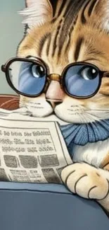 Cartoon cat wearing glasses reading a newspaper.